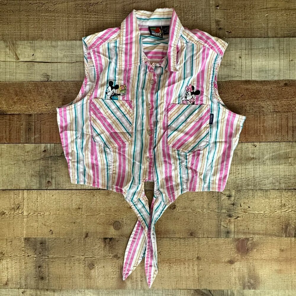 Disney Mickey Unlimited Womens Striped Tie-Front Sleeveless Vest Shirt L 100%